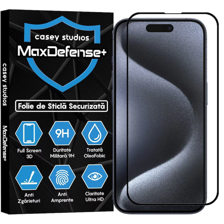 Folie Sticlă Casey StudioSTM pentru iPhone 15 Pro, Full Glue, Duritate Militară, Ultra HD, Protecție Profesională Ecran, 3D, Anti-Zgârieturi, Anti-Șocuri